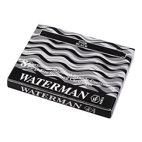 Schwarze Tintenpatronen von Waterman, verpackt in einer Schachtel mit Wellenmuster. Der Schriftzug NOIR BLACK ist deutlich zu erkennen.