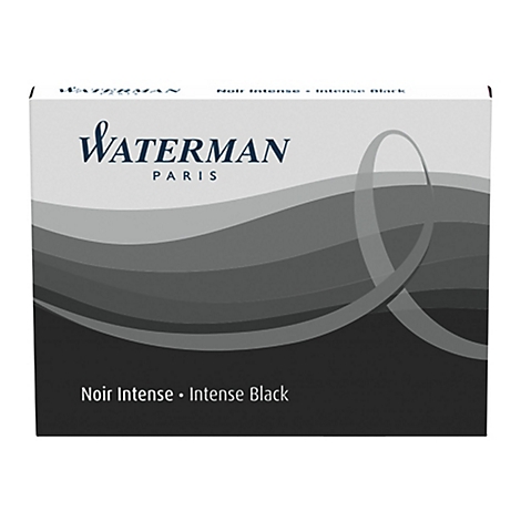 Schwarze Tintenpatronen der Marke Waterman in einer Schachtel. Aufschrift Noir Intense - Intense Black.