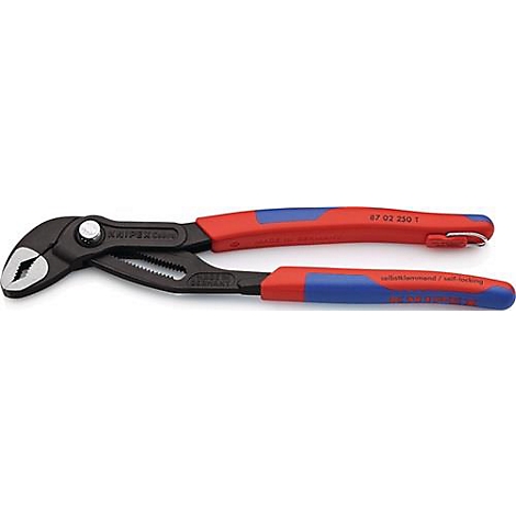 Een Knipex tang. Metallic, rood en blauw, handvat met opschrift. Productnummer.