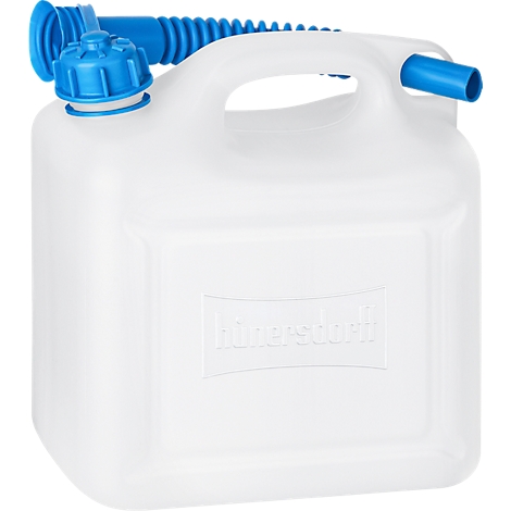 Witte jerrycan met blauwe dop, handvat en tuit. In reliëf: 'hinersdorff'.