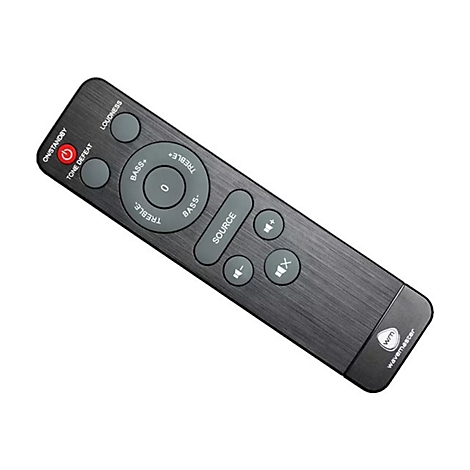 Dunkelgraue Fernbedienung mit vielen KnÃ¶pfen. Oben: Power-Taste, LautstÃ¤rke. Mitte: Bass, HÃ¶hen, Quelle. Unten: Minus, Stummschaltung.