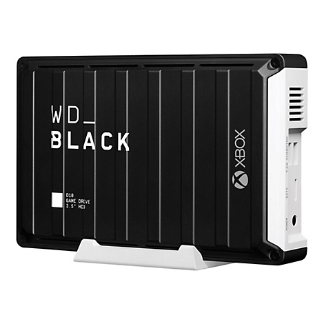 Schwarze externe Festplatte für Xbox. Aufdruck WD_BLACK und Xbox Logo. Mit weißem Standfuß.