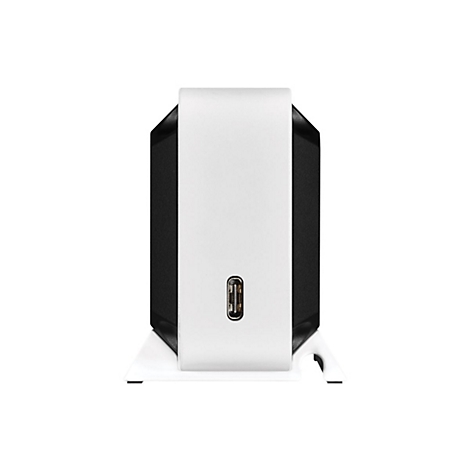 WeiÃŸes ComputergehÃ¤use mit schwarzer RÃ¼ckseite und USB-C-Anschluss, steht auf einem weiÃŸen StÃ¤nder.