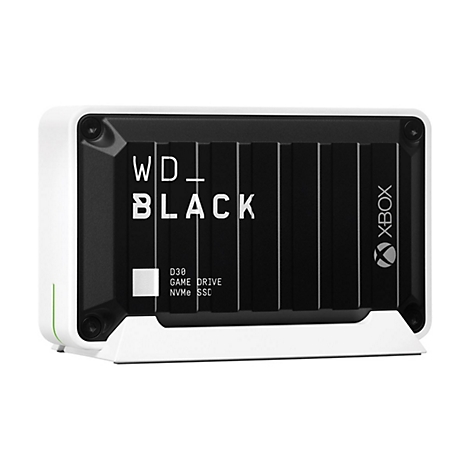 Externe Festplatte in Schwarz und WeiÃŸ, Schriftzug WD Black, Xbox Logo, auf weiÃŸem Sockel.