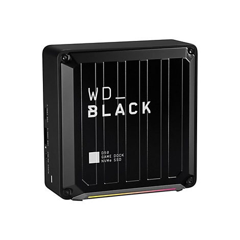 Schwarze WD Black D50 Game Dock NVMe SSD, rechteckig. Aufschrift WD_BLACK.