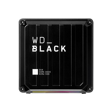 Schwarzes WD_BLACK SSD-GehÃ¤use, obere Ansicht. Schriftzug WD_BLACK und Produktdetails.