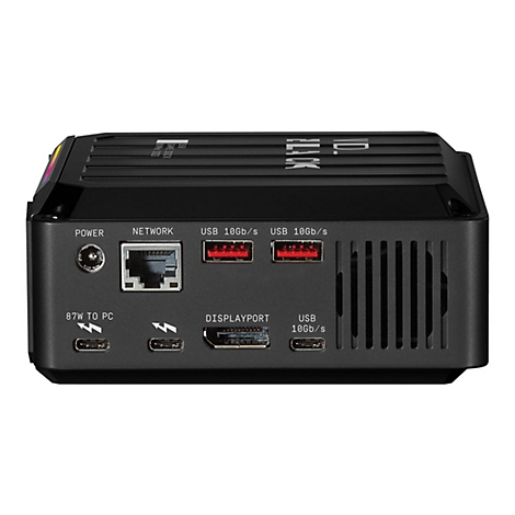Schwarzer Computer, RÃ¼ckseite mit AnschlÃ¼ssen, darunter Power, Netzwerk, USB, Displayport und USB.
