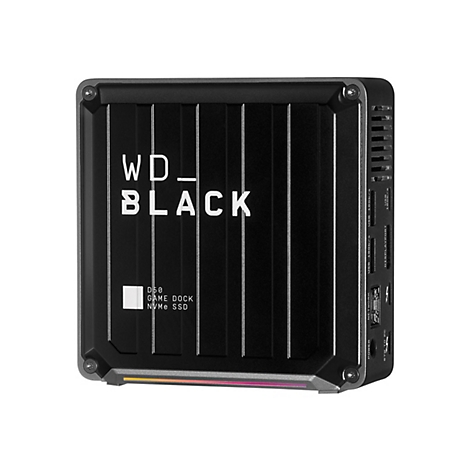 Schwarze WD_BLACK Game Dock, Frontansicht. Aufschrift: WD_BLACK, Game Dock, NVMe SSD. Unterseite mit farbiger Beleuchtung.