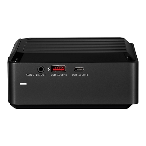 Schwarzes elektronisches GerÃ¤t mit AnschlÃ¼ssen: Audio, USB 10Gb/s, und USB-C 10Gb/s.