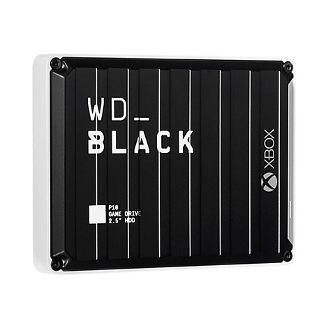 Schwarze externe Festplatte mit weißem Rand und 'WD_BLACK'-Logo, 'XBOX'-Logo, vertikalen Linien und Produktinformationen.