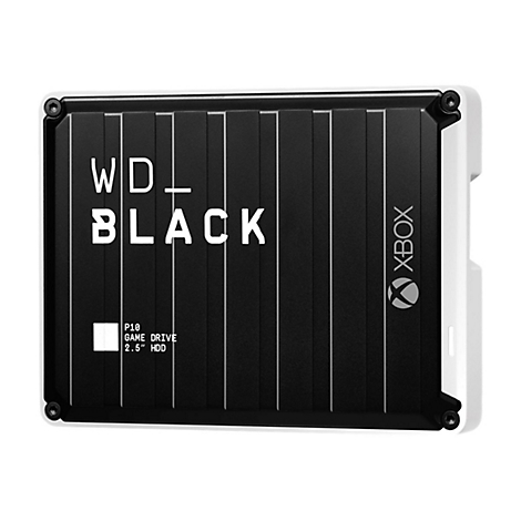 Schwarze externe Festplatte, Marke WD_BLACK, Xbox-Logo. Text: P10 Game Drive 2.5" HDD.