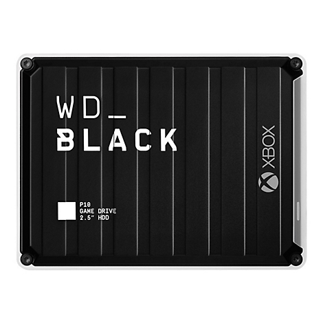 Schwarze externe Festplatte von WD_BLACK mit weißer Schrift und Xbox-Logo.