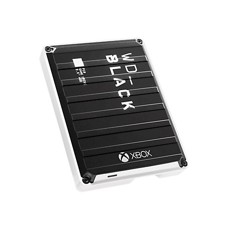 Schwarze WD_BLACK externe Festplatte für Xbox, weißer Rahmen, horizontal geriffelte Oberfläche, Xbox-Logo unten.