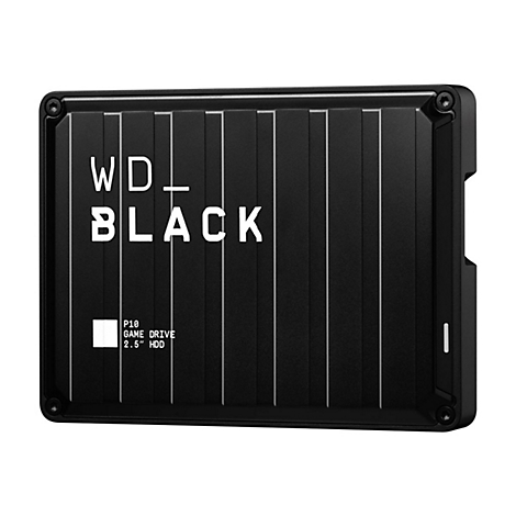 Schwarze WD_BLACK P10 2.5" externe Festplatte mit weißem Schriftzug und vertikalen Rillen.