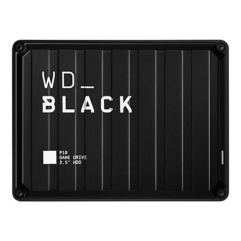 Schwarze externe Festplatte mit "WD BLACK"-Schriftzug. Das Produkt ist rechteckig und hat vertikale Linien.
