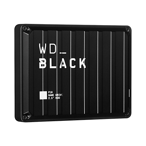 Schwarze externe Festplatte von WD_Black. Aufschrift in Weiß: WD_BLACK, P10 Game Drive 2.5" HDD.
