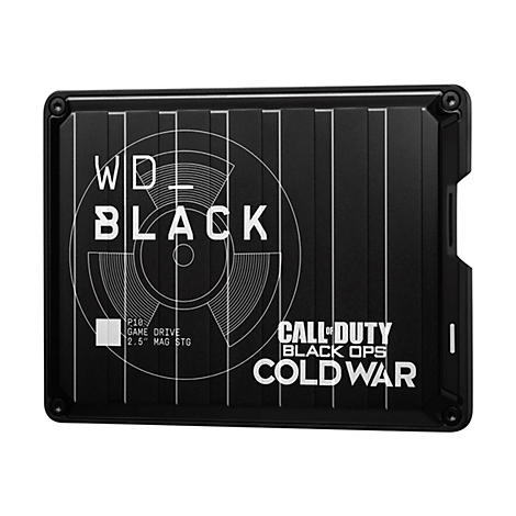 Schwarze WD Black externe Festplatte mit weißem Logo und Call of Duty: Black Ops Cold War Schriftzug.