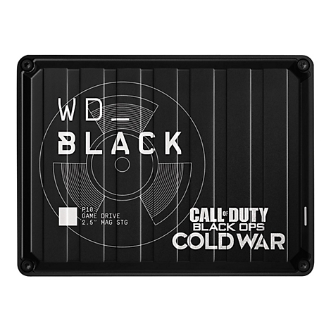 Schwarze WD_Black externe Festplatte. Aufdruck: WD_BLACK, Call of Duty Cold War. Geriffelte Oberfläche.