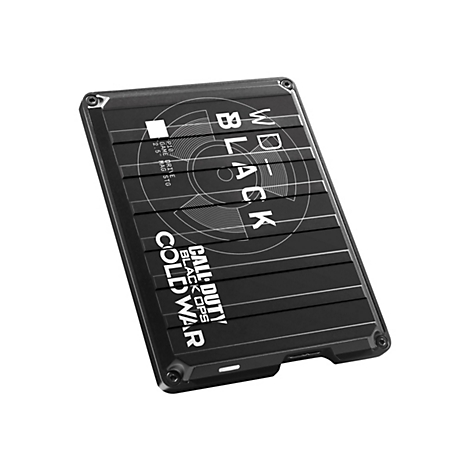 Schwarze externe Festplatte mit 'WD BLACK' und 'Call of Duty Cold War' Schriftzug. Vertikale Rillen strukturieren die Oberfläche.