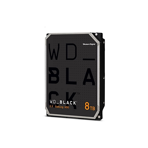 Schwarze WD_BLACK 8TB Festplatte, beschriftet mit Produkt- und Markenlogos.