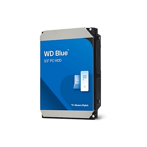 Disque dur WD Blue, 3,5" PC HDD, design bleu avec logo. Boîtier noir, dessus argenté, sur fond blanc.