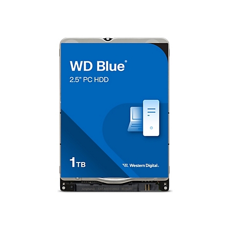 Festplatte WD Blue 1 TB, 2,5 Zoll. Auf blauem Hintergrund: WD Blue Logo, Laptop-Symbol.