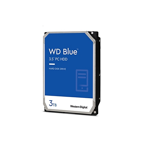 Festplatte WD Blue 3.5" PC HDD, 3 TB. Blau-weißes Design mit Texten.