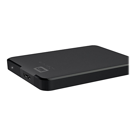 Disque dur externe noir avec port USB. Inscription : WD, Storage on the go.