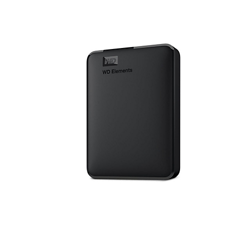 Disque dur externe noir, WD Elements, sur fond blanc. Logo et texte WD.
