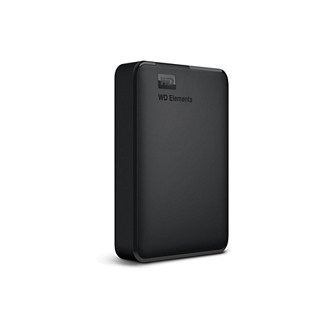 Disque dur externe noir WD Elements sur fond blanc. Avec le logo et l'inscription 'WD Elements'.