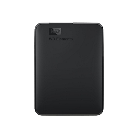 Disque dur externe noir WD Elements. Logo et texte WD.
