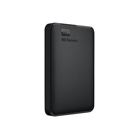Disque dur externe noir WD Elements sur fond blanc. Comprend le logo WD et le texte.
