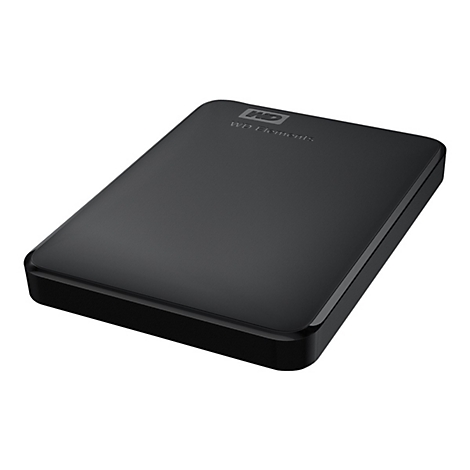 Disque dur externe noir avec l'inscription "WD Elements".
