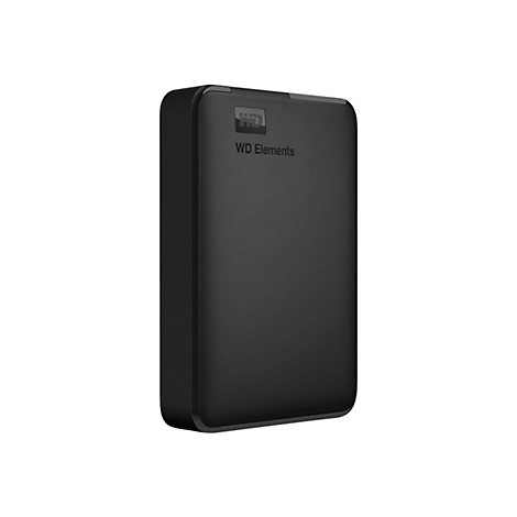 Disque dur externe noir WD Elements sur fond blanc.