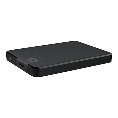 Disque dur externe noir, WD Elements, avec port USB et logo.