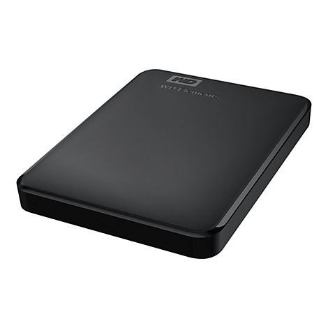 Disque dur externe WD Elements noir. WD Elements est écrit en haut. Coins arrondis.