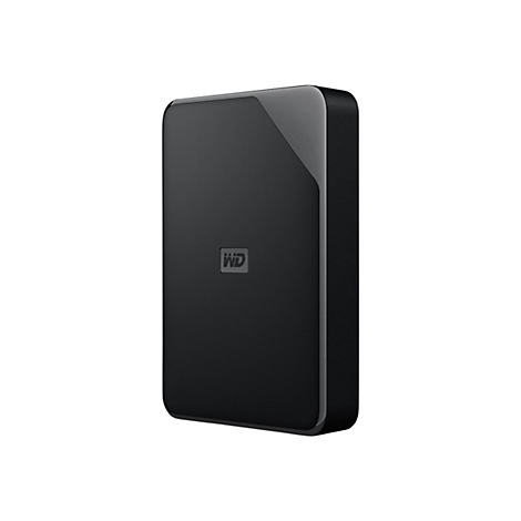Disque dur externe noir, avec logo WD, sur fond blanc.