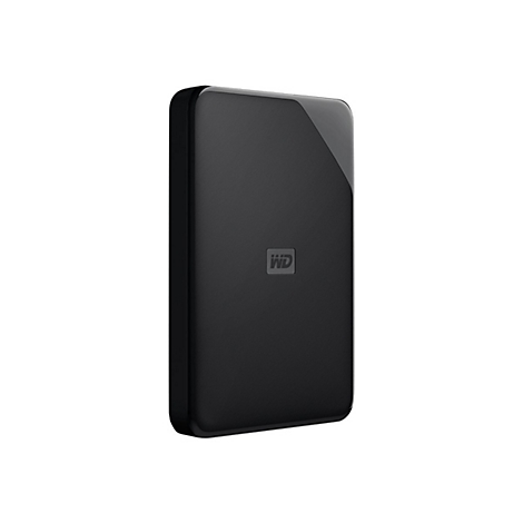 Schwarze externe Festplatte, WD-Logo, auf weißem Hintergrund.