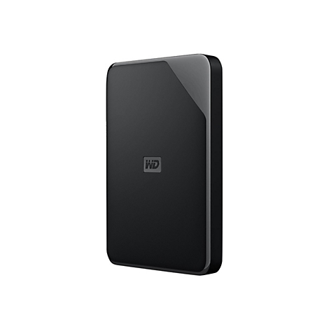 Schwarze externe Festplatte mit WD Logo. Sie steht aufrecht, vor weißem Hintergrund.