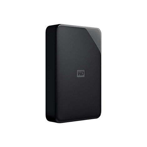 Schwarze externe Festplatte mit WD-Logo. Abgerundete Ecken, glänzende Oberfläche auf der Oberseite.