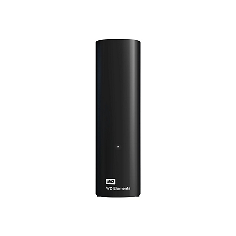 Disque dur externe noir, debout verticalement, avec le logo WD et le texte 'WD Elements'.