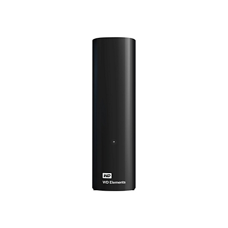 Disque dur externe noir, WD Elements, avec logo et lettrage.