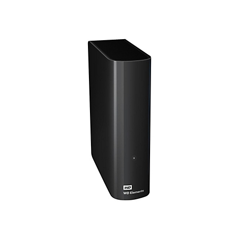 Disque dur externe noir, WD Elements, devant un fond blanc. Avec logo et LED.