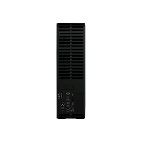 Disque dur noir avec fentes d'aération. Arrière avec ports, logo et bouton d'alimentation.