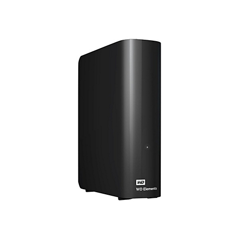 Disque dur externe noir WD Elements, fond blanc. Logo et texte en bas.