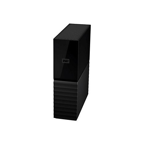 Schwarze externe Festplatte von WD. Die obere Hälfte hat eine glatte Oberfläche, die untere ist geriffelt.
