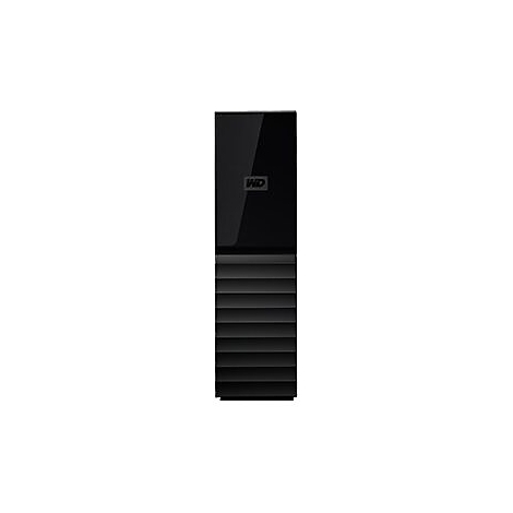Schwarze externe Festplatte mit "WD" Logo. Der untere Teil ist geriffelt, der obere glatt und glänzend.