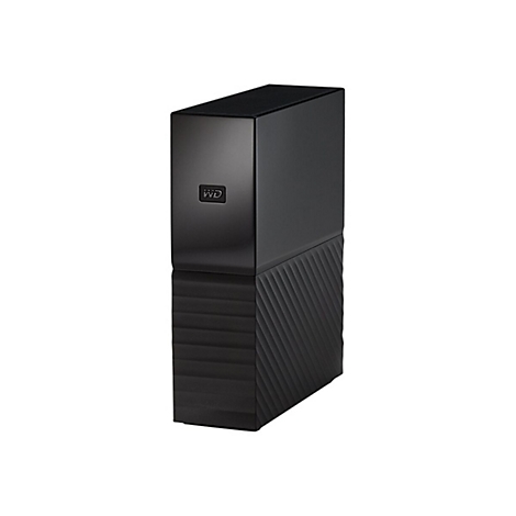 Schwarze externe Festplatte mit WD-Logo. Die untere Hälfte hat eine geriffelte Oberfläche.