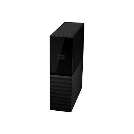 Disque dur externe noir de WD. Dessus avec fines rainures, bas avec rayures horizontales. Logo WD.