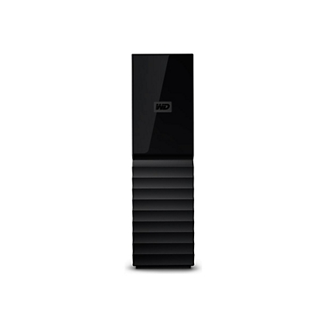 Disque dur externe noir, vertical avec logo WD, moitié inférieure texturée.